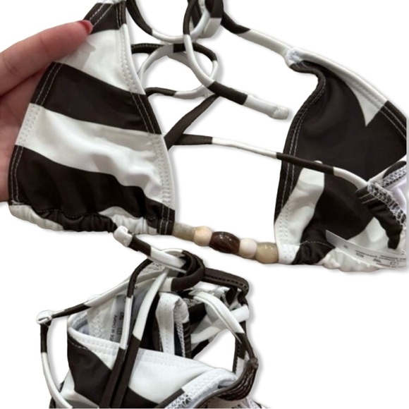 Trendy Brown Zebra Print Triangle Thong Bikini Set | Beaded | Side Tie | NEW - Picture 7 of 7